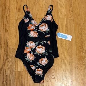 Cupshe Black and Orange Floral One Piece swimsuit size S NWT